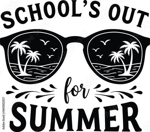 School's Out for Summer: A Black and White Vector Illustration of Sunglasses Reflecting a Tropical Beach Scene with Palm Trees, Ocean Waves, and Flying Birds, Perfect for Vacation-Themed Designs.