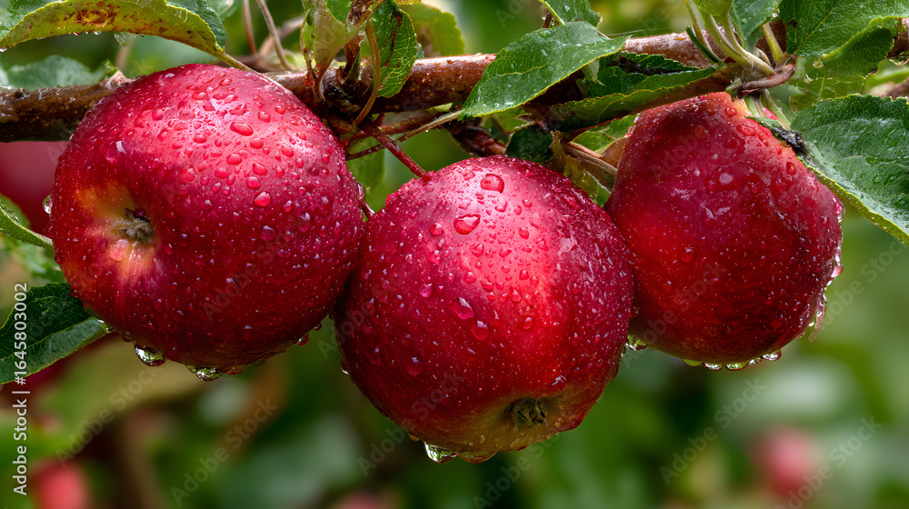 Obraz premium Vibrant red apples hang from a tree branch, their skins dotted with water droplets, bathed in soft light among green leaves, promising a crisp, sweet taste.
