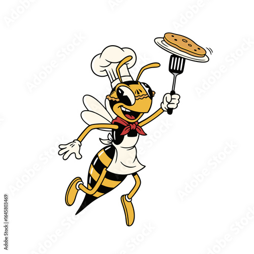 A happy cartoon insect, dressed in a chef's outfit, carries a pancake with a spatula. The artwork's style is reminiscent of vintage cartoons, showcasing bold lines and bright colors against a plain