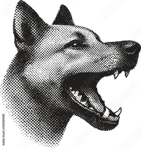Halftone Snarling Dog Head Illustration in Vintage Black and White Engraving Style