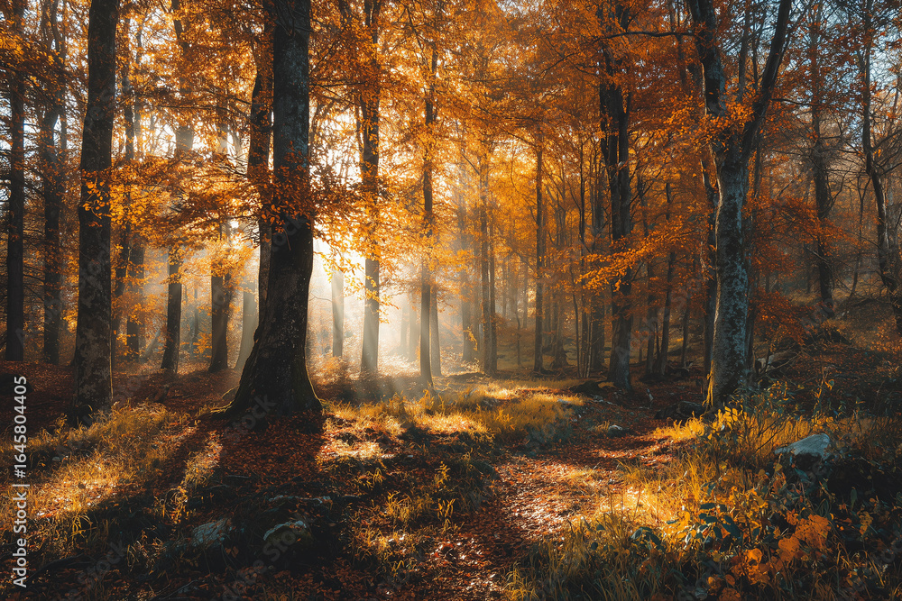 Fototapeta premium autumn forest with golden leaves and sunlight
