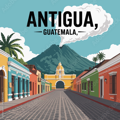 Antigua Guatemala Colonial Street Volcano Poster