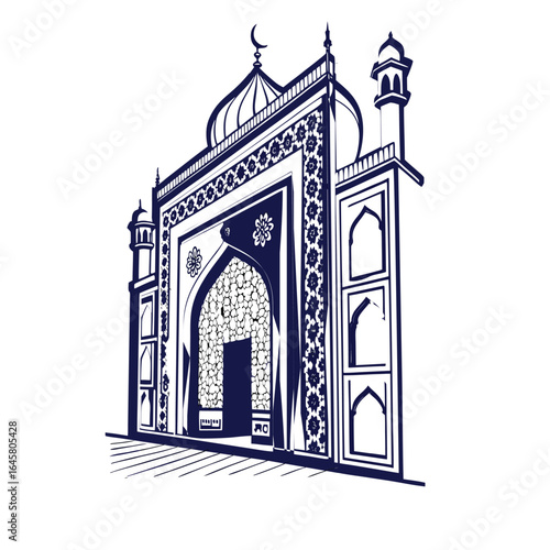 Ornate islamic mosque gateway with dome and minarets, a historical architectural landmark, isolated on white background