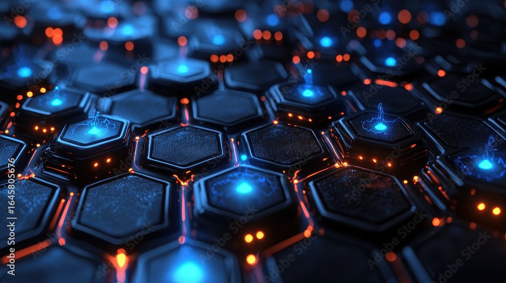 Fototapeta premium Visualization of interconnected layers in artificial intelligence neural networks with glowing circuits on a dark background