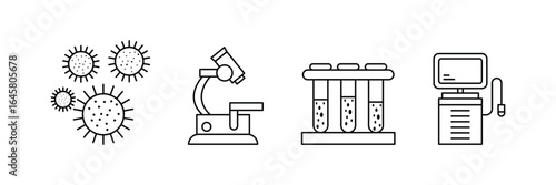 Medical microbiology, laboratory microscope, test tube analysis, diagnostic equipment, bacteria research, pathogen study, clinical testing, virus examination icon vector illustration.