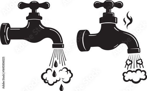 Two black silhouette water taps with flowing water and steam silhouette