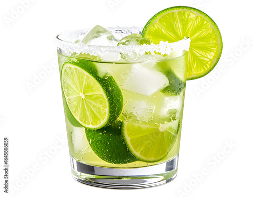  Caipirinha Cocktail in Short Glass with Lime Slices and Sugar Crystals, Isolated