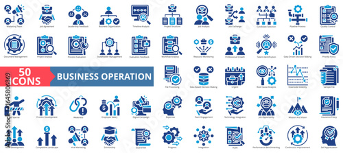 Business operationicon set flat style collection. Containing marketing, agreement, leadership, business, timeline, structure, job, exchange, quality control.