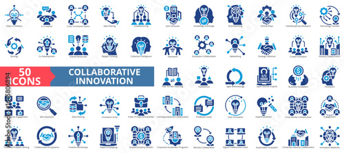 Collaborative innovationicon set flat style collection. Containing idea sharing, crowdsourcing, knowledge exchange, brainstorming, partnerships, research.
