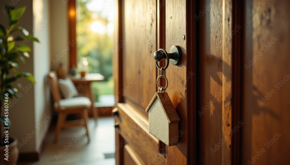 Obraz premium close up of a key in a wooden door lock, house shaped keychain swinging, soft morning light, cozy home interior, high resolution