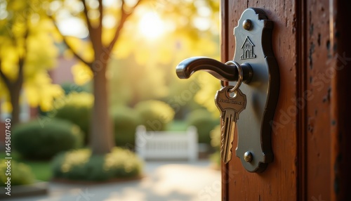 Wallpaper Mural key inserted in a wooden door, metal keychain with home icon, blurred sunlit background, welcoming mood, high resolution Torontodigital.ca