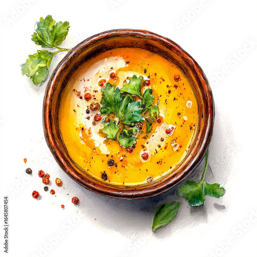 Watercolor painting of spiced pumpkin soup