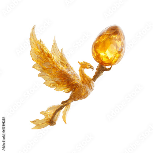 Golden Phoenix Sculpture Holding Amber Egg - Rebirth, Renewal, and Transformation Symbol
