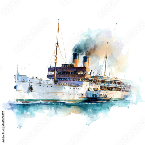 Steamer, watercolor painting, vector illustration, isolated on a white background.