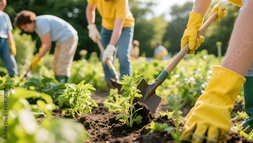 Volunteers planting seedlings in a community garden with shovels and gardening gloves.