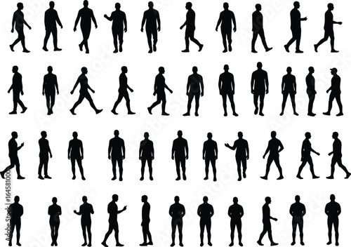 Silhouettes of people walking and standing, various poses, urban lifestyle concept, movement, casual male figures, isolated black vector on white background