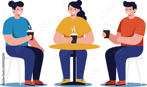 Three happy friends sitting at a table, drinking hot coffee and having a pleasant conversation. Vector illustration concept.
