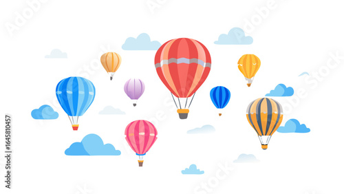 Colorful hot air balloons float serenely through a sky filled with fluffy white and blue clouds