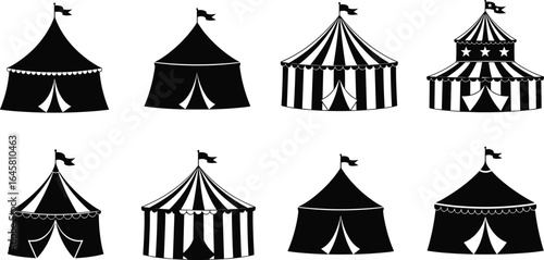 Circus tent vector collection, carnival marquee icons, striped festival tents illustration, vintage fairground graphics, black silhouette design, retro circus clipart set