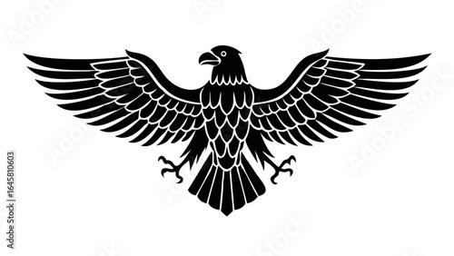 Stylized white outline of a bird of prey with outstretched wings against a black background