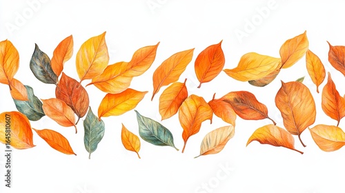 Watercolor illustration of autumn leaves in various shades of orange, yellow, and green, scattered against a white background
