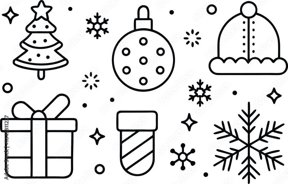 Naklejka premium Christmas and Winter Holiday Line Art Icon Set