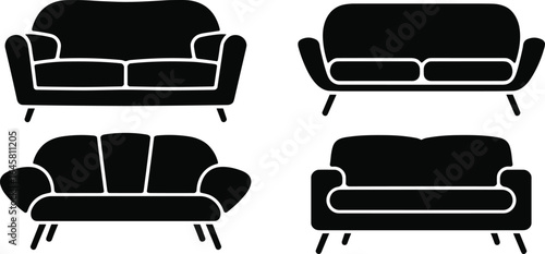 Collection of modern sofa silhouettes, minimalist black couch vector icons, stylish interior furniture clipart for home decor, living room design projects