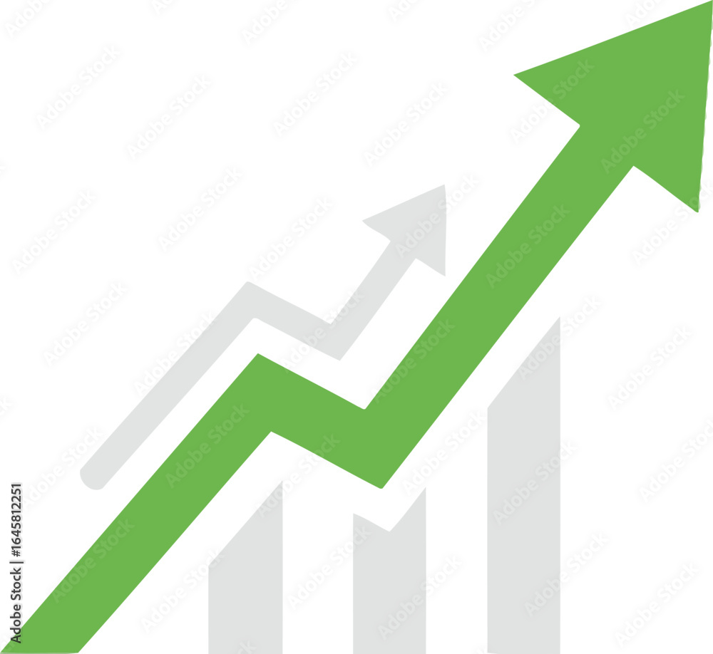 A green arrow pointing upwards over gray bars indicating growth on a plain white background A green arrow pointing upwards over gray bars indicating growth on a plain white background