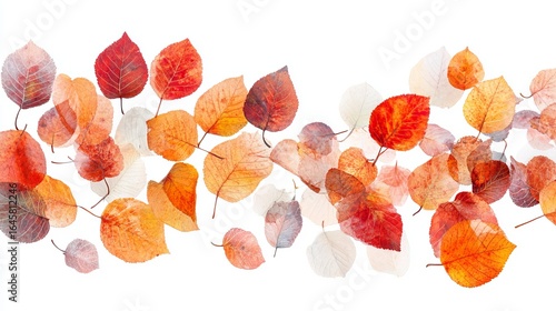 A wave of autumn leaves in various shades of red, orange, and beige, floating on a white background