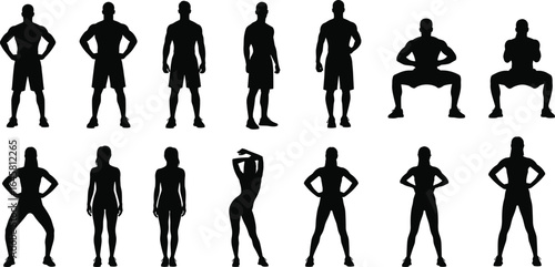 Fitness workout silhouette vector set, male and female gym poses, exercise training body posture illustration for sport design, clipart, or apparel
