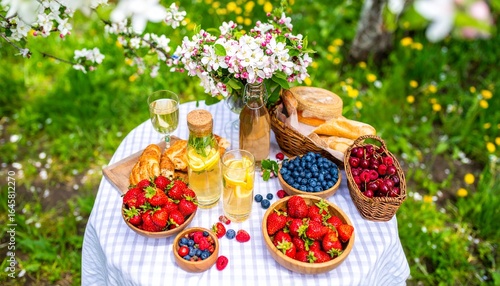 Delightful Picnic Spread Featuring Fresh Fruits Drinks and Floral Arrangement.