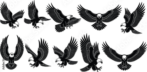 Flying eagle silhouette vector set, bold bald eagle attack pose illustration, hunting bird of prey clipart for tattoo, logo, or graphic design