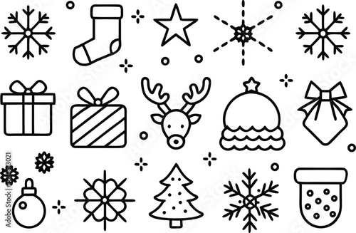 Christmas and Winter Holiday Line Art Icon Set