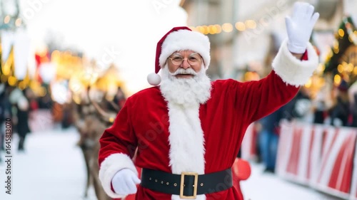 Santa Claus waving at a Christmas market