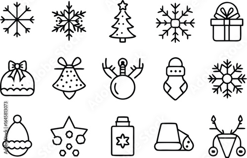 Christmas and Winter Holiday Line Art Icon Set