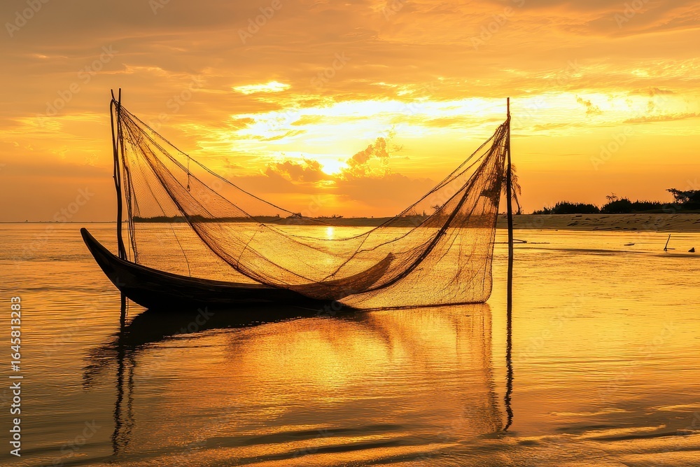 Obraz premium A boat is sitting in the water with a net