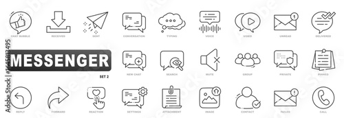 Messenger line icon set for chat conversation, typing, send, unread, delivered, reply, group, private, call, attachment, search, notification, image, vector