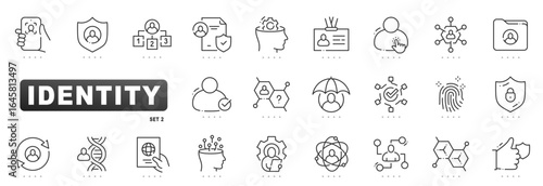 Identity security icons for authentication, verification, privacy, access management, biometrics, fingerprint, faceid, compliance, IAM, SSO, MFA; clean outline, editable stroke