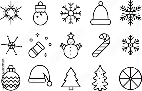 Christmas  icon and Winter Holiday Line Art Icon Set
