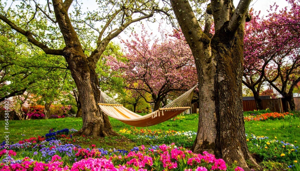 Naklejka premium Hammock Between Trees in a Lush Garden with Colorful Flowers and Blossoms.