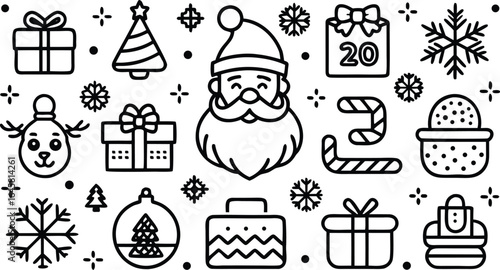 Christmas  icon and Winter Holiday Line Art Icon Set