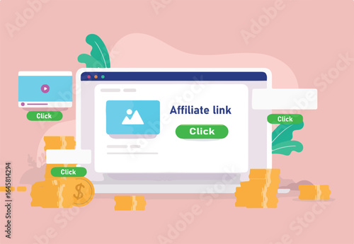 Affiliate marketing money - Computer screen with affiliate link and cash income. Vector illustration