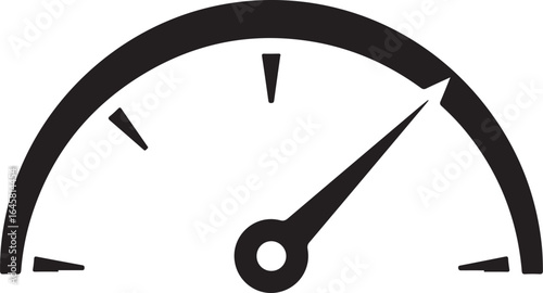 Black and white graphic of a speedometer or gauge with a needle pointing towards the higher end of the scale indicating speed or performance