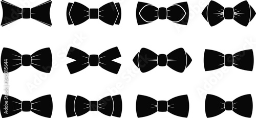 Set of bow tie silhouette vector icons, formal fashion accessory, various shapes and styles, ideal for tuxedo, wedding, or vintage designs