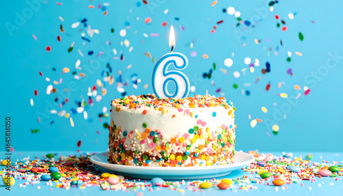 Festive birthday cake with candle and confetti