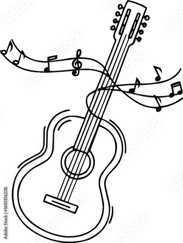 one line art of line art of musical notes flowing from a guitar.