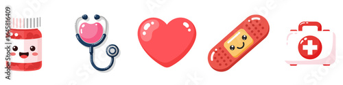 (Set06) This Care & Health icon set features 5 essential healthcare-related illustrations: Heart Symbol, Pill Bottle, Stethoscope, Bandage, and First Aid Kit.