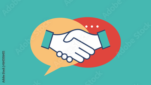 A hand shake symbolizes a positive relationship between two people. The image is colorful and has a happy mood