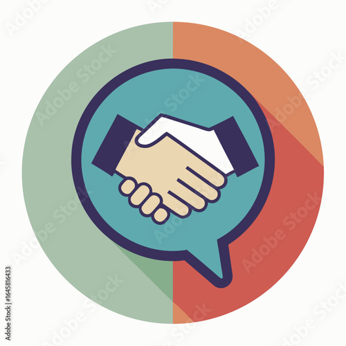 A hand shake symbolizes a positive relationship between two people. The image is colorful and has a happy mood