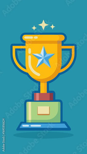 A trophy is shown on a blue background with a star on top. The trophy is surrounded by various shapes and symbols, including a clock, a gear, and a star. Concept of achievement and success
